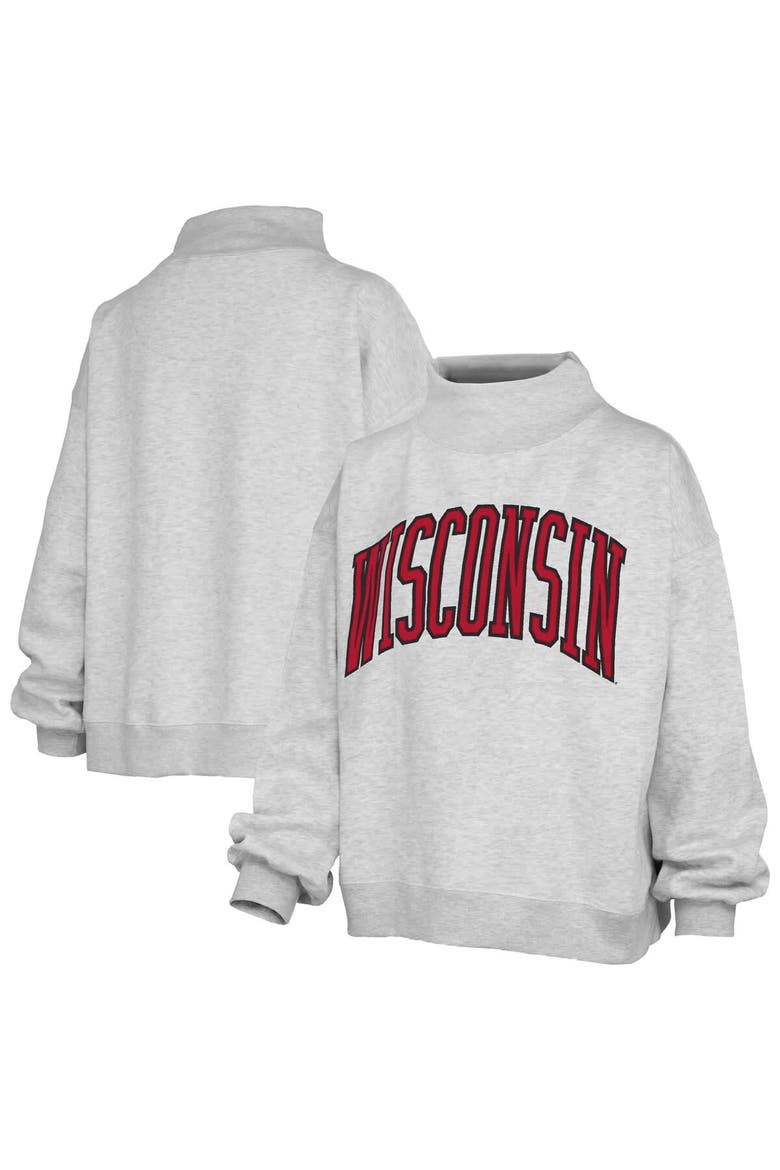 Women's Pressbox Heather Gray Wisconsin Badgers Oversized Nelson Mock Neck Sweatshirt, Main, color, Heather Gray