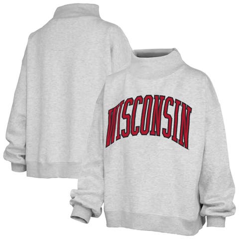 Women's Pressbox Heather Gray Wisconsin Badgers Oversized Nelson Mock Neck Sweatshirt