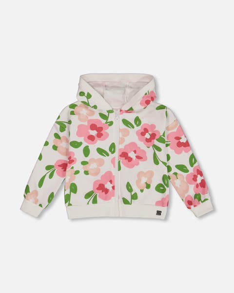 Deux Par Deux Printed French Terry Hoodie Cardigan - Pink Flowers On White Background Deux Par Deux Printed French Terry Hoodie Cardigan - Pink Flowers On White Background
