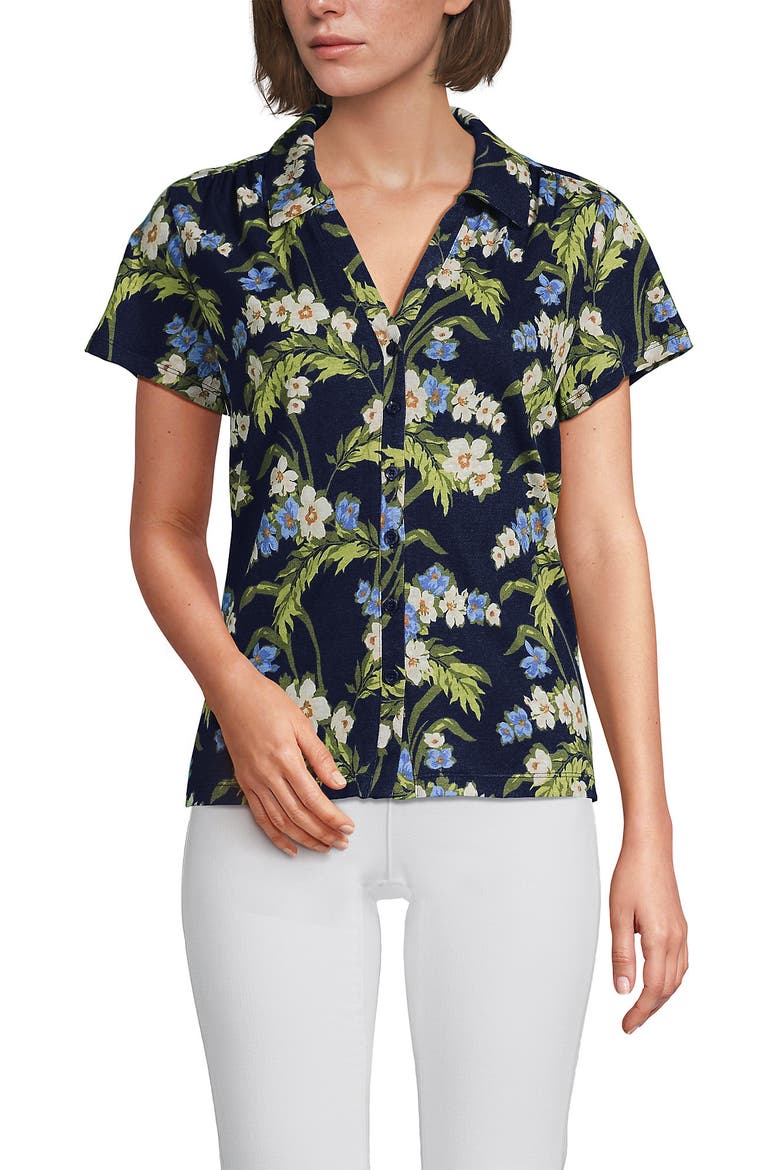 Linen Blend Short Sleeve Button Front Polo Top, Main, color, Deep Sea/Blue Floral Tropic