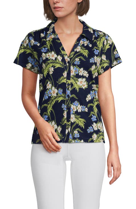 Linen Blend Short Sleeve Button Front Polo Top