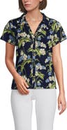 Lands' End Linen Blend Short Sleeve Button Front Polo Top