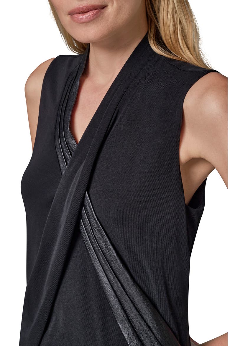 Sleeveless Top with Faux Leather Trim, Alternate, color, BLACK