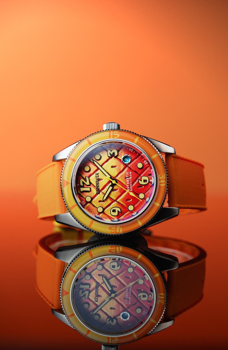 SPINNAKER Fleuss 'SpongeBob SquarePants<sup>™</sup>' Automatic Silicone Strap Watch, 43mm, Alternate, color, Orange