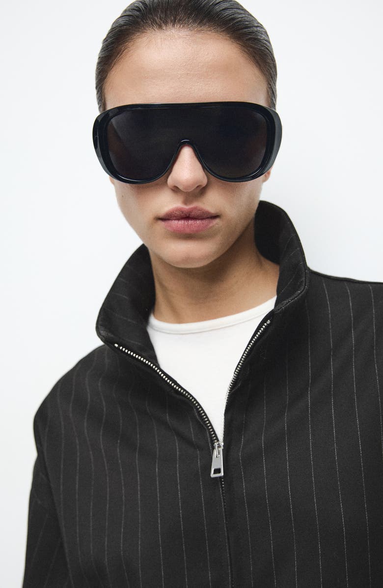 MANGO Pinstripe Bomber Jacket, Alternate, color, Black