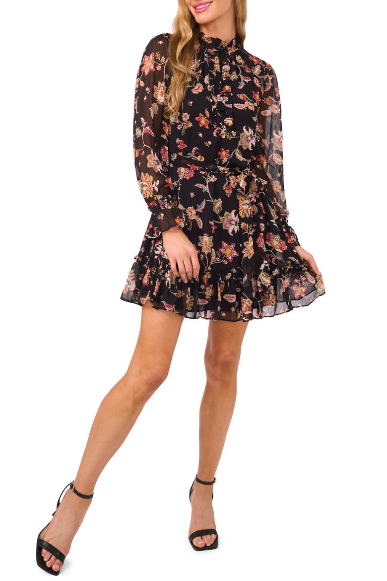 Ruffle Tie Waist Long Sleeve Minidress, Main, color, RICH BLACK