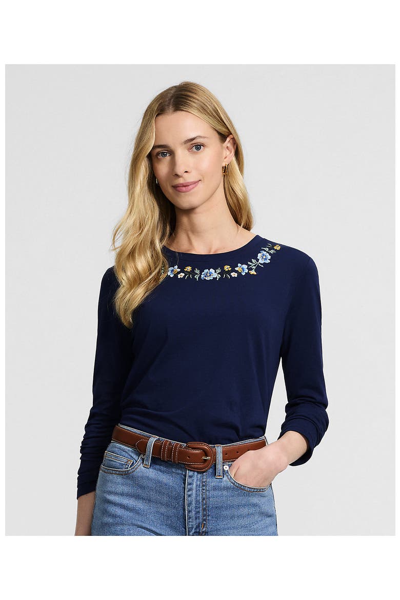 Supima Cotton Long Sleeve Crewneck T-Shirt, Alternate, color, Floral Embroidery/Deep Sea