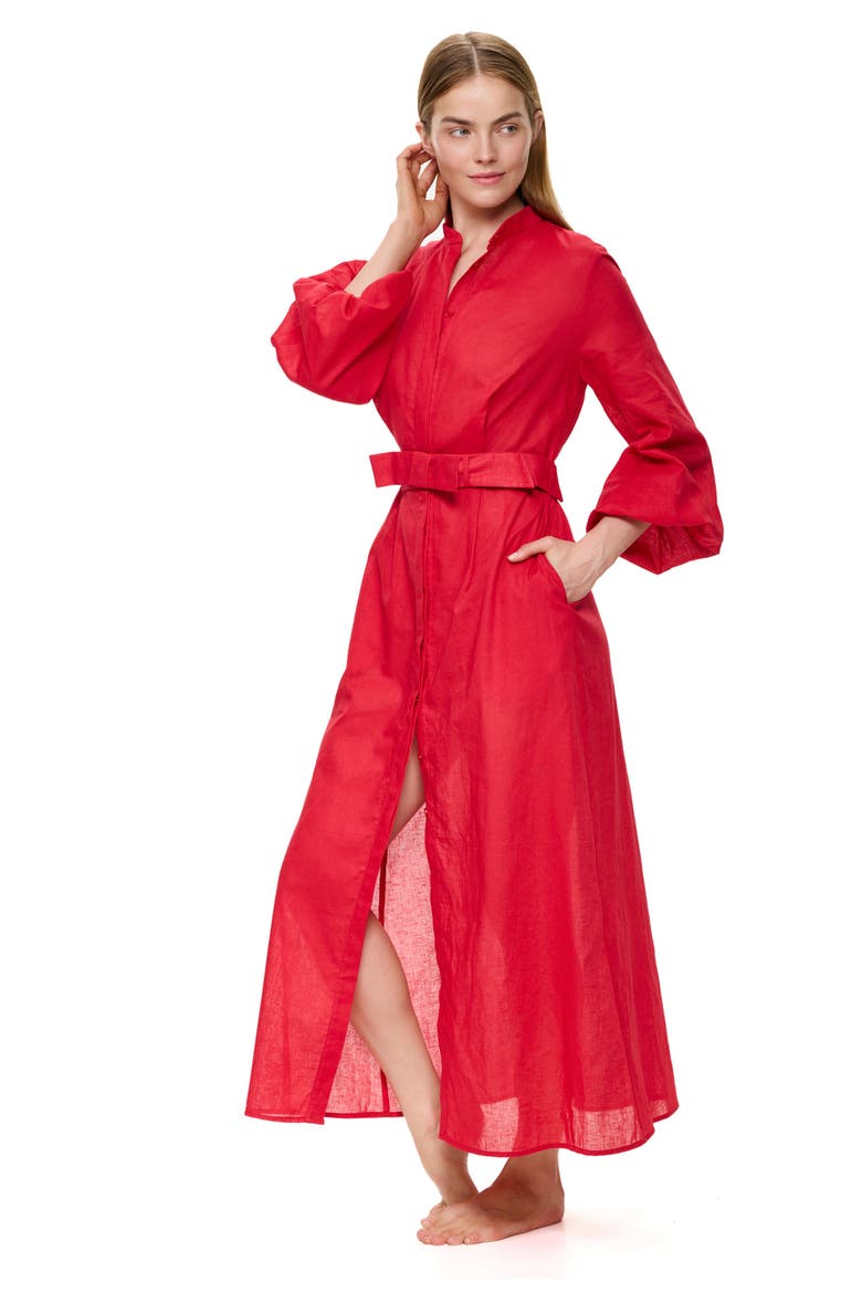 Modern Muse Belted Button Up Linen Dress Cover-Up, Alternate, color, Red