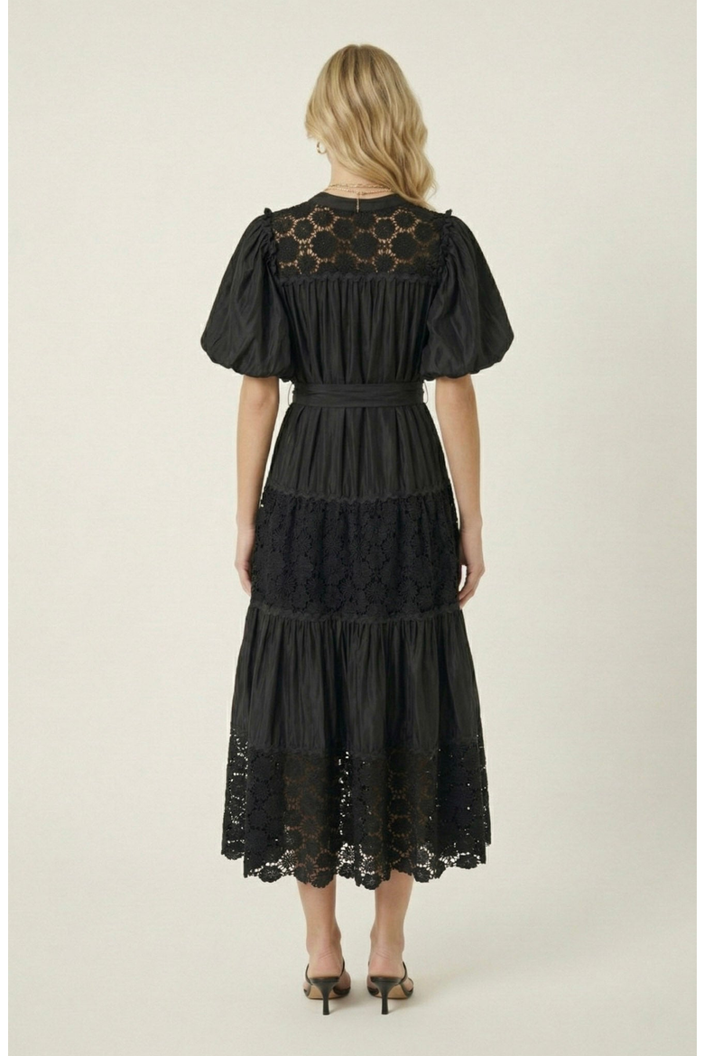V-Neck Lace Paneling Midi Dress, Alternate, color, Black