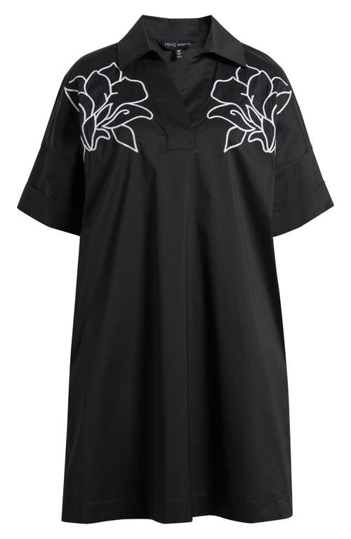 Shop Ming Wang Embroidered Cotton Blend Shirtdress In Black/white