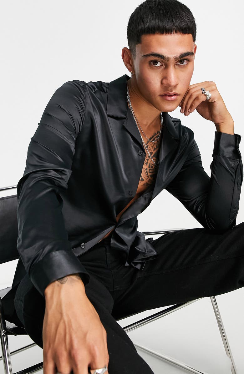 ASOS DESIGN Slim Fit Satin Shirt, Alternate, color, 