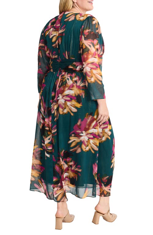 Maggy London Metallic Long Sleeve Chiffon Dress In Teal/pink Power