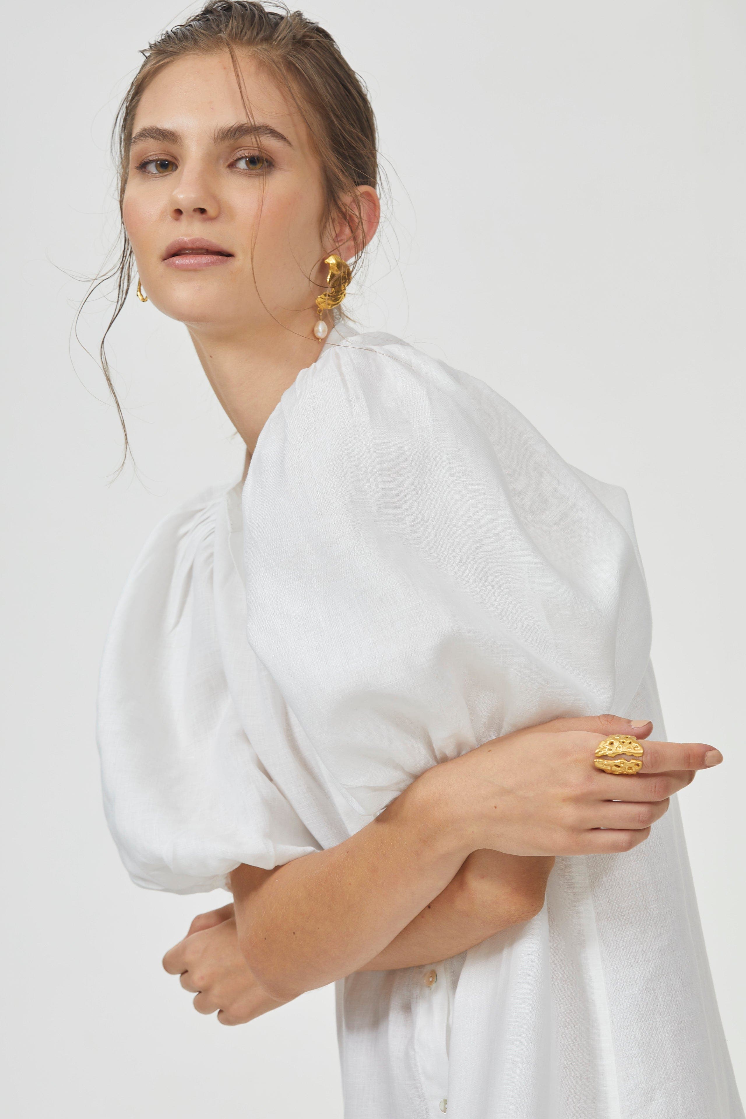 LANHTROPY Bubble Linen Dress in White 