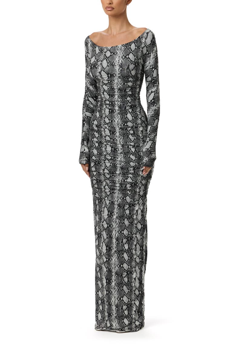 Ruched Off the Shoulder Long Sleeve Maxi Dress, Alternate, color, GREY SNAKESKIN
