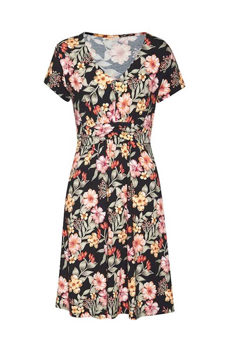 LASCANA Women's Floral Short Sleeve Dress, Alternate, color, Black Printed