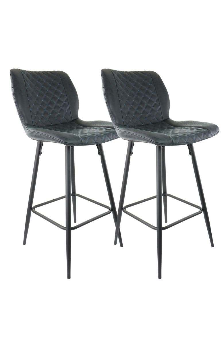 Elama 2 Piece Diamond Stitched Faux Leather Bar Chair with Metal Legs, Main, color, Black