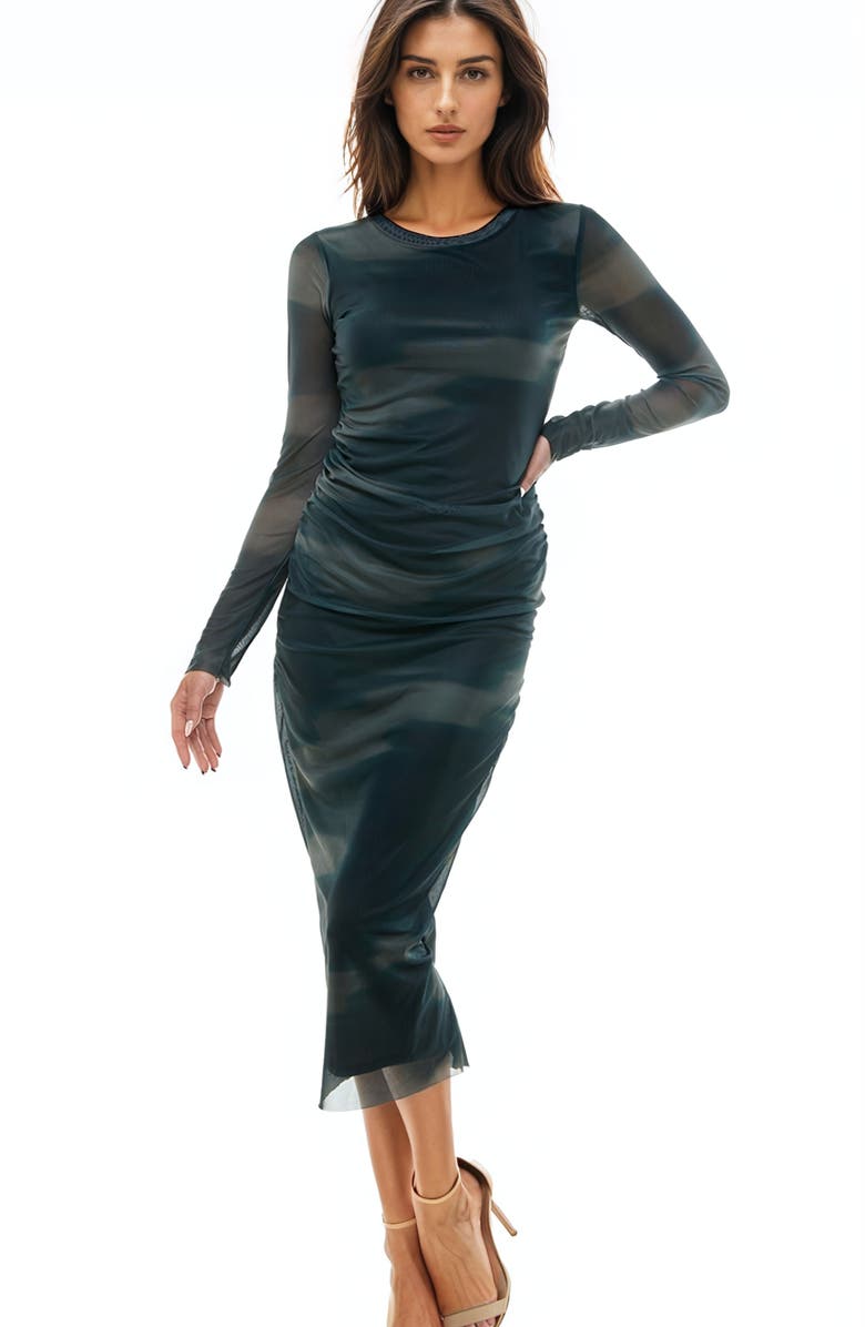 Socialite Ruched Long Sleeve Mesh Midi Dress, Alternate, color, Sage/ Teal