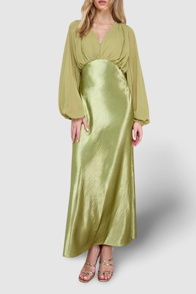 Satin Chiffon Mix V Neck Midaxi Dress, Alternate, color, Olive