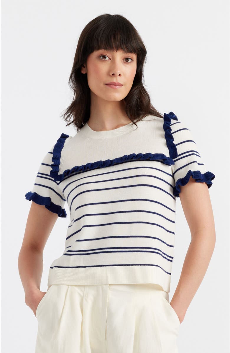 Chinti & Parker Nautical Stripe Short Sleeve Merino Wool Top, Main, color, Cream