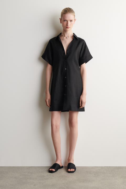 Open-collar Linen Mini Shirt Dress