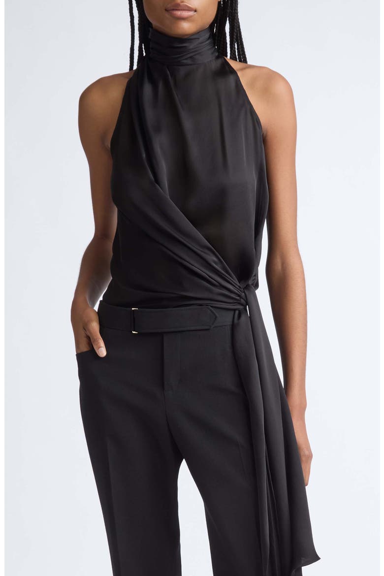 Bow Detail Silk Halterneck Shell, Main, color, 0PA BLACK