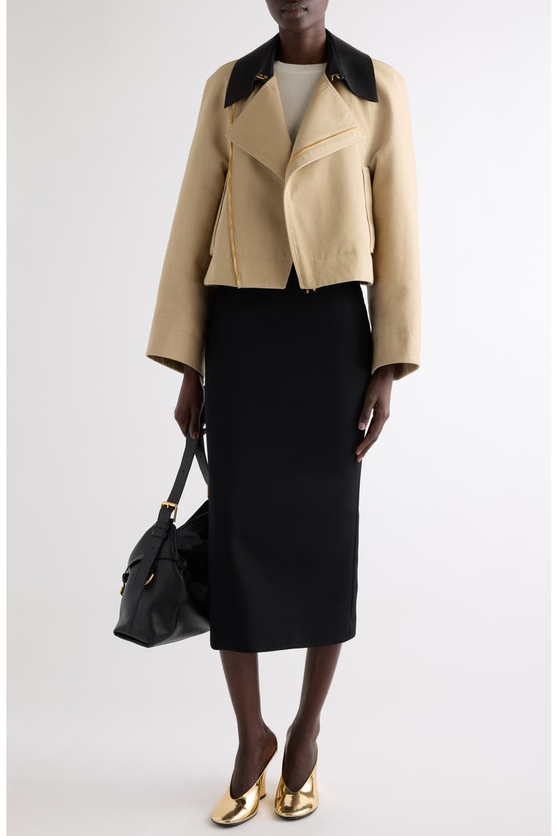 Leather Collar Gabardine Crop Trench Jacket, Alternate, color, BEIGE