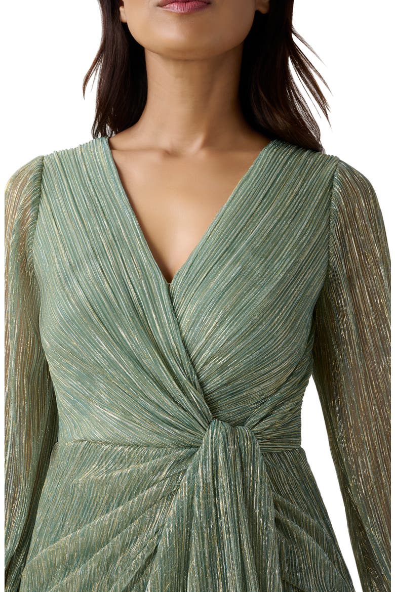 Metallic Long Sleeve Mesh Evening Gown, Alternate, color, GREEN SLATE