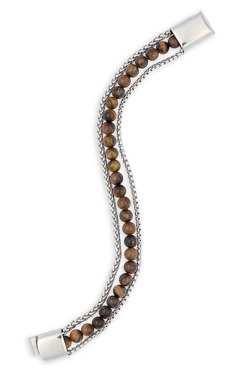 NORDSTROM RACK Men's Stone Bead & Chain Bracelet, Alternate, color, Brown- Stainless