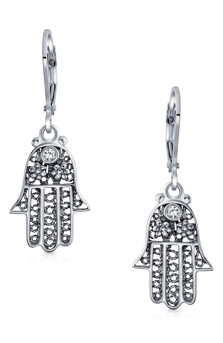 BLING JEWELRY Sterling Silver Hamsa Drop Earrings, Main, color, Silver