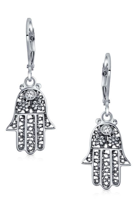 Sterling Silver Hamsa Drop Earrings