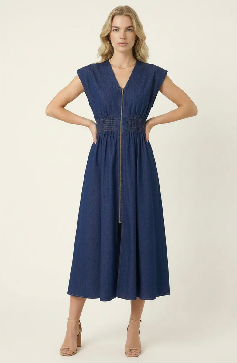 Modenaire Zip Front Sleeveless Denim Midi Dress, Alternate, color, Denim Blue