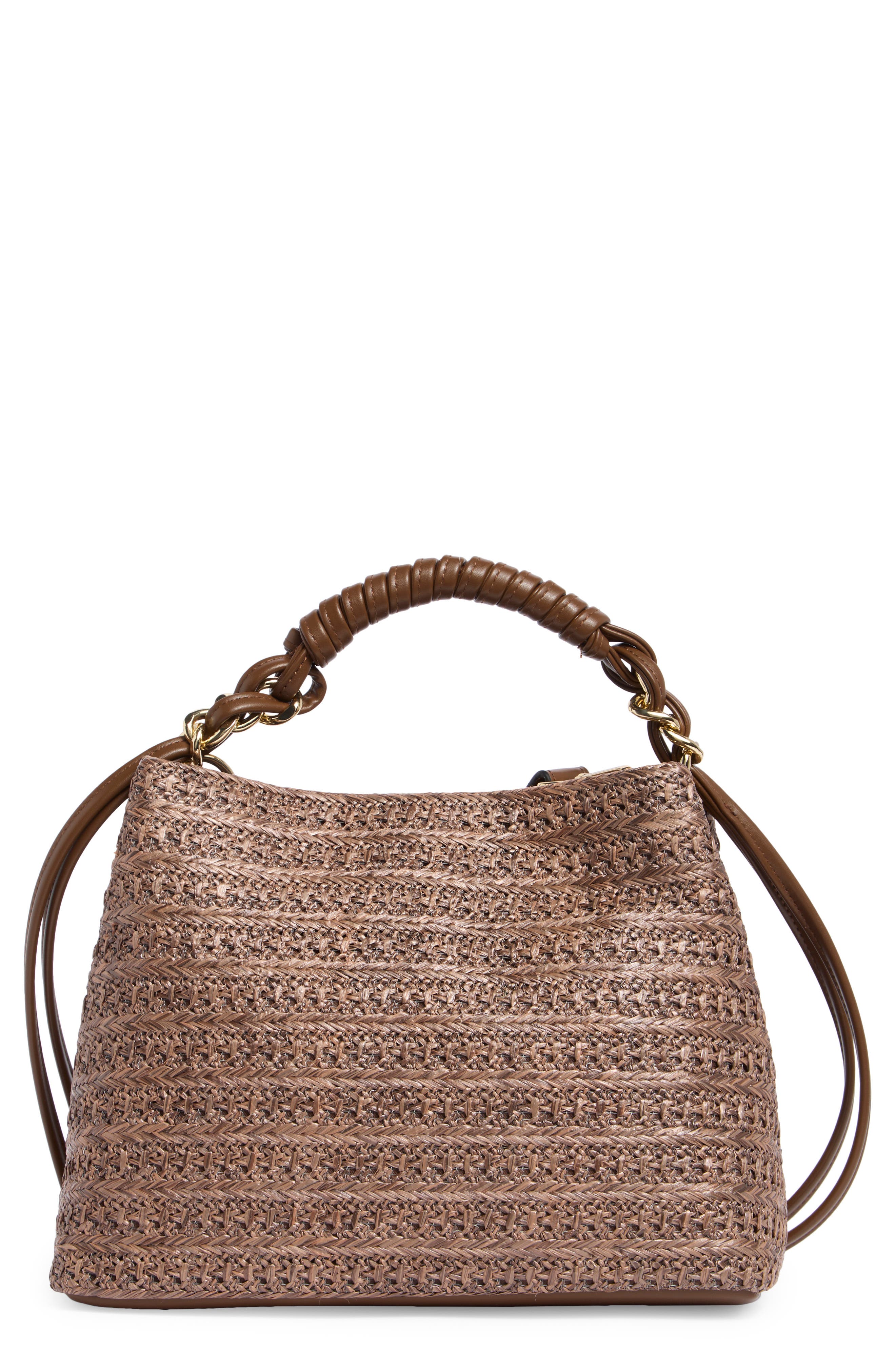 BCBG Woven Double Compartment Satchel, Main, color, Chocolate
