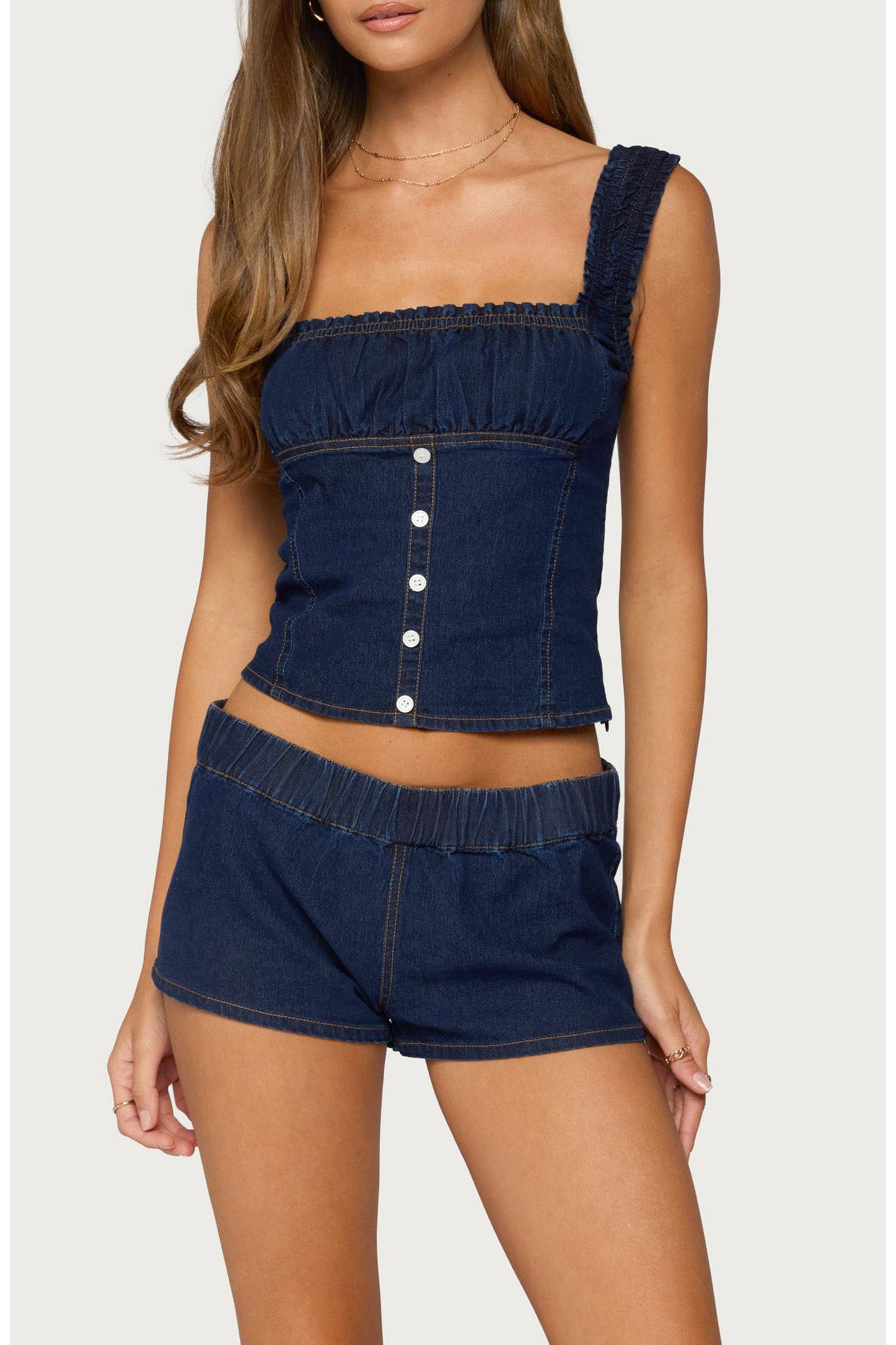 No Button Color:blue EDIKTED Aggie Ruched Button Denim Top (Women) | Nordstrom