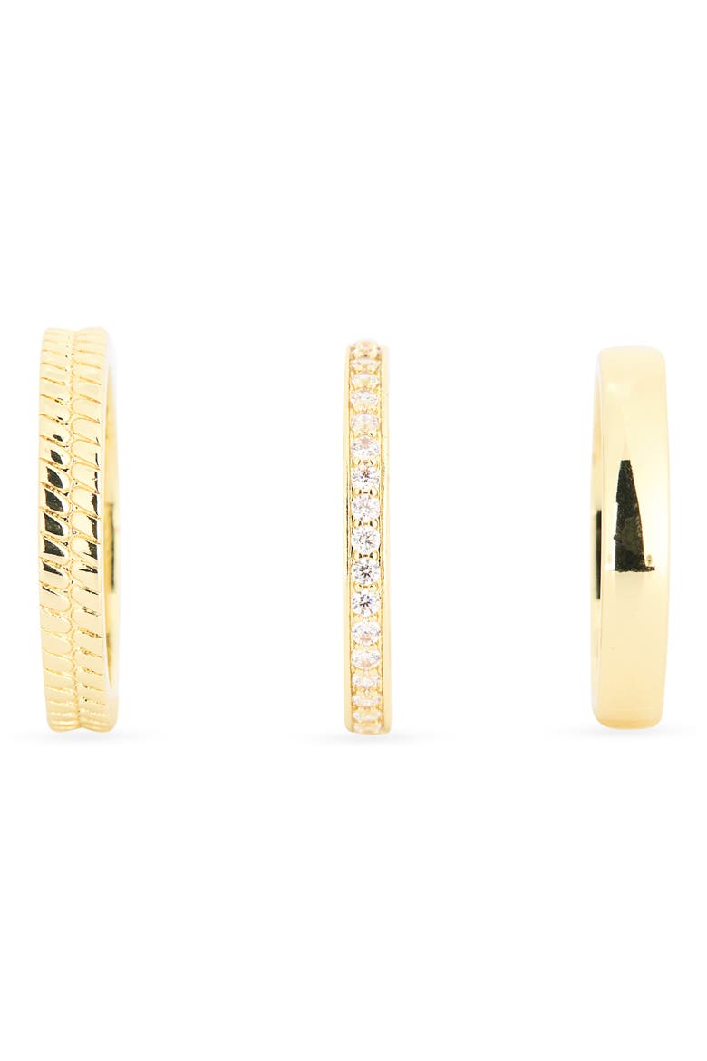 Set of 3 Cubic Zirconia & Herringbone Stackable Rings, Alternate, color, GOLD