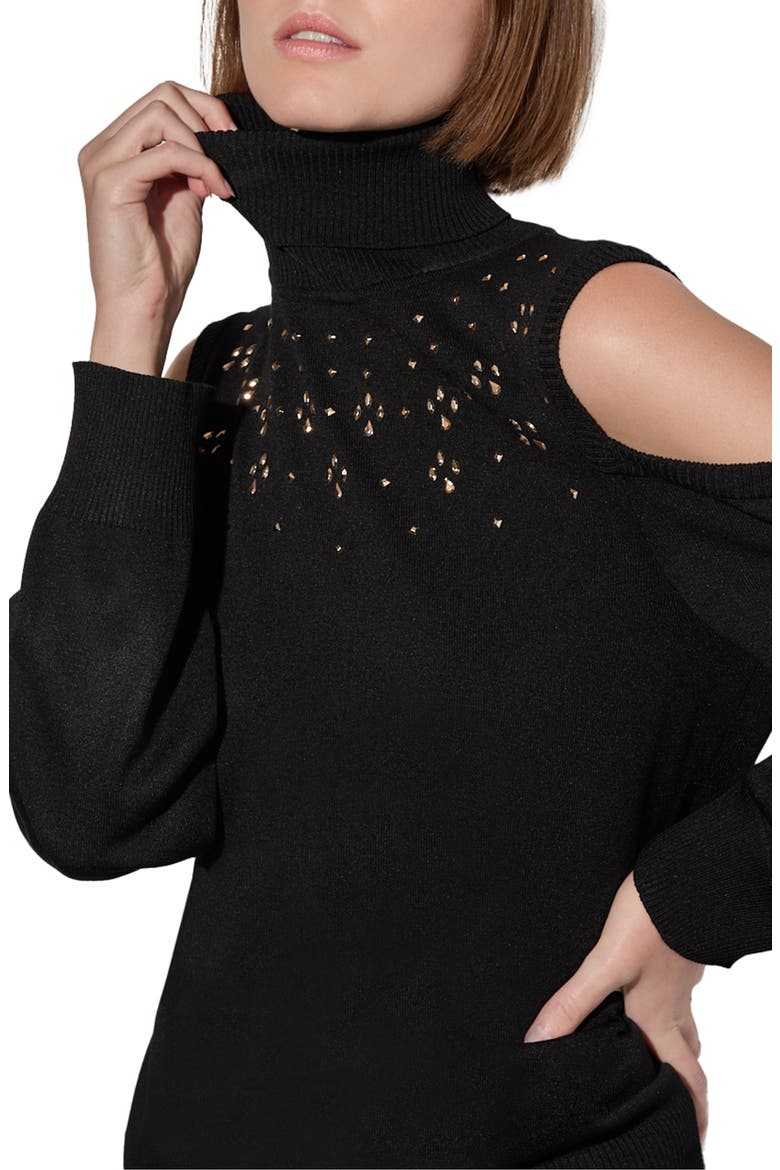 Embellished Cold Shoulder Turtleneck Sweater, Alternate, color, BLACK/GOLD