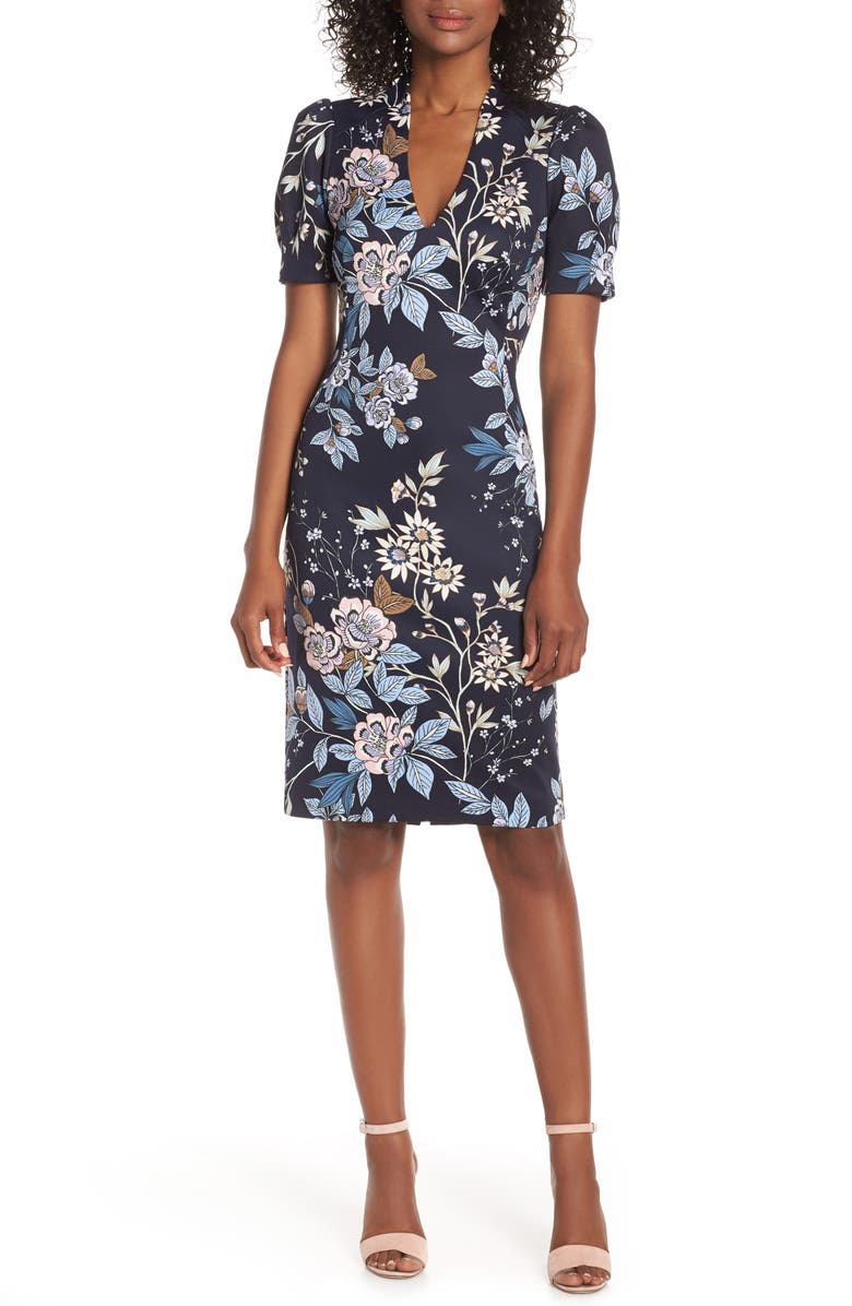 Vince Camuto Floral Print Scuba Crepe Sheath Dress, Main, color, 