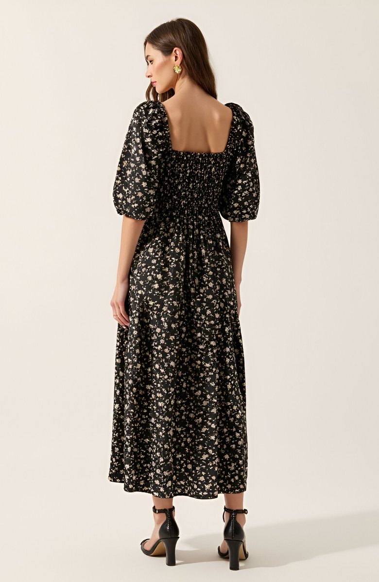 Modenaire Floral Print Woven Midi Dress with Smocked Bodice, Puff Sleeves and Tiered Ruffle Skirt, Alternate, color, 