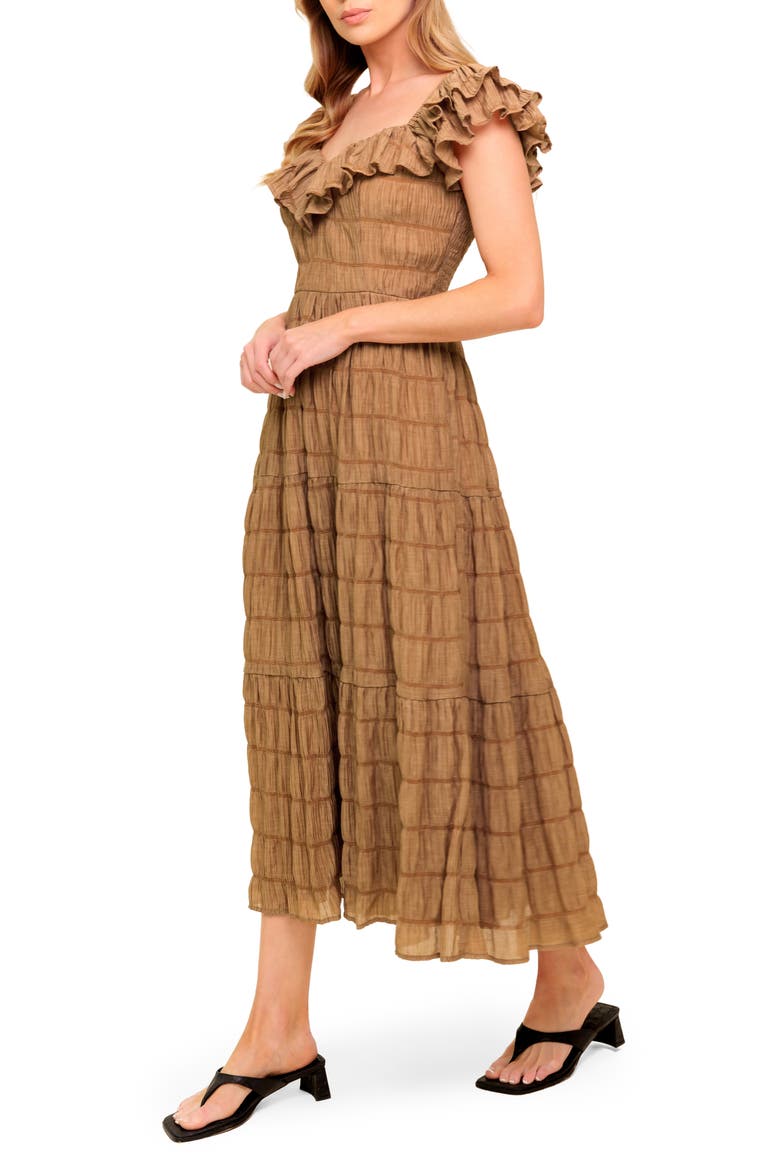 Ruffle Shoulder Midi Dress, Alternate, color, BROWN
