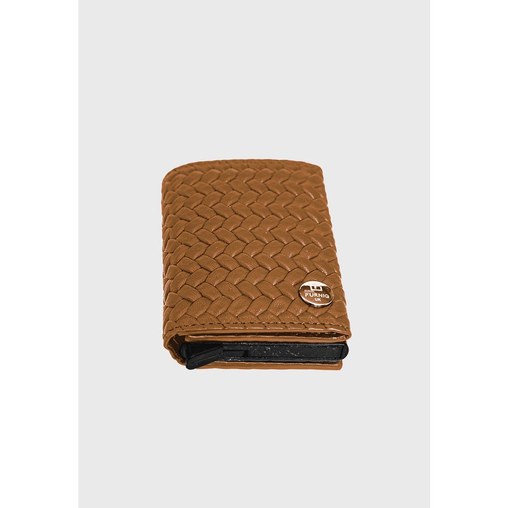 Furniq Uk Genuine Leather Weave Pattern Trifold Card Holder In Brown