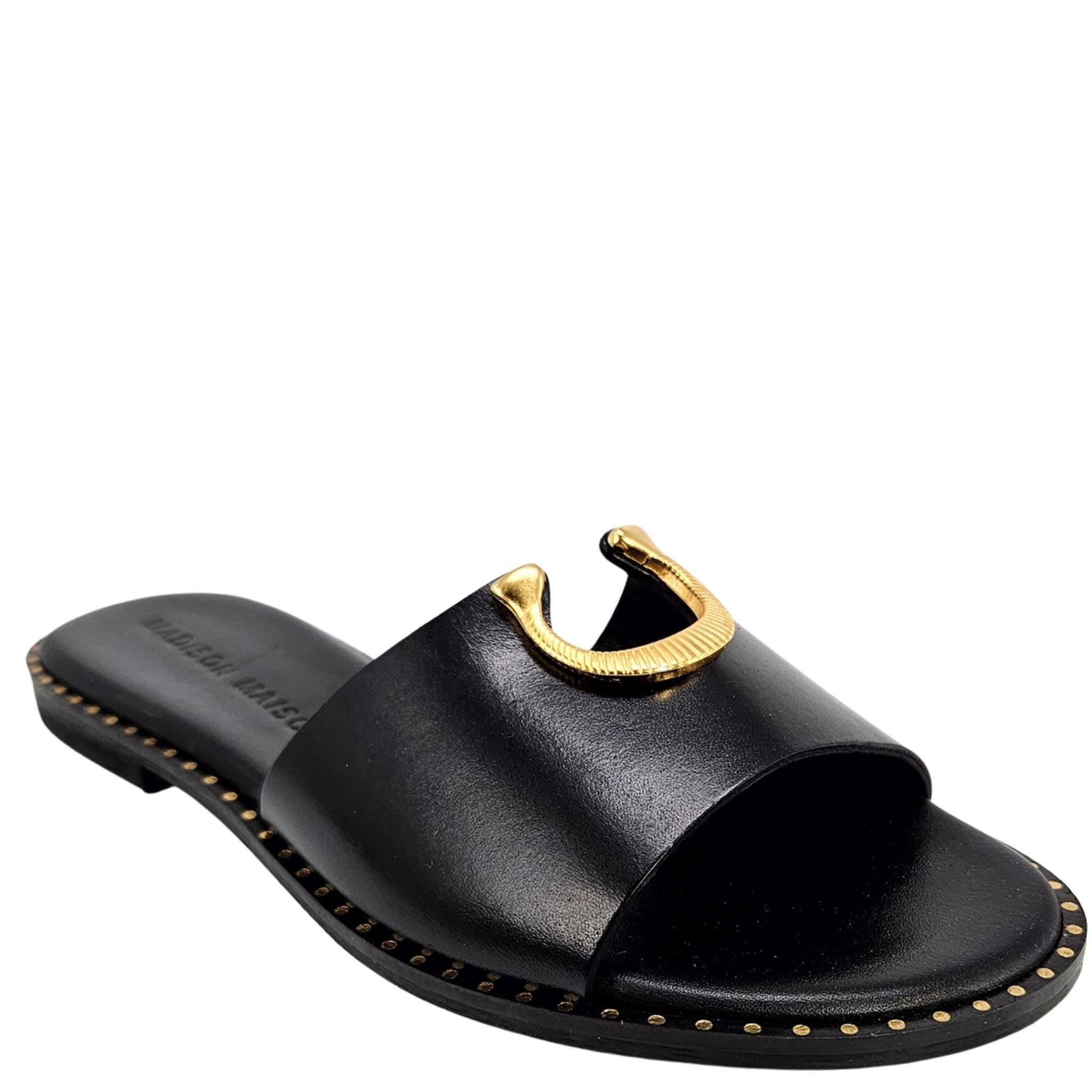 Madison Maison Horse Shoe Buckle Leather Flat Sandal, Alternate, color, Black