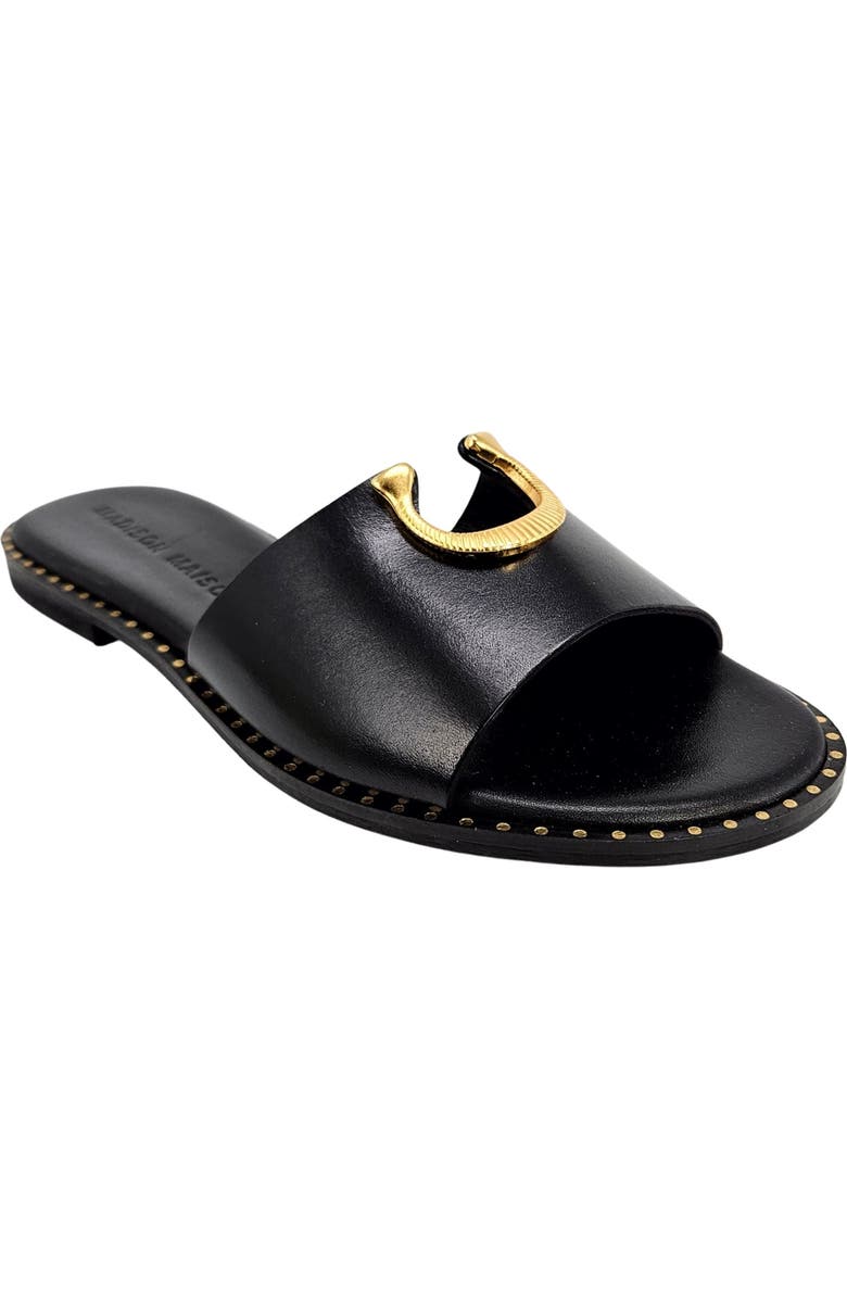Madison Maison Horse Shoe Buckle Leather Flat Sandal, Alternate, color, Black