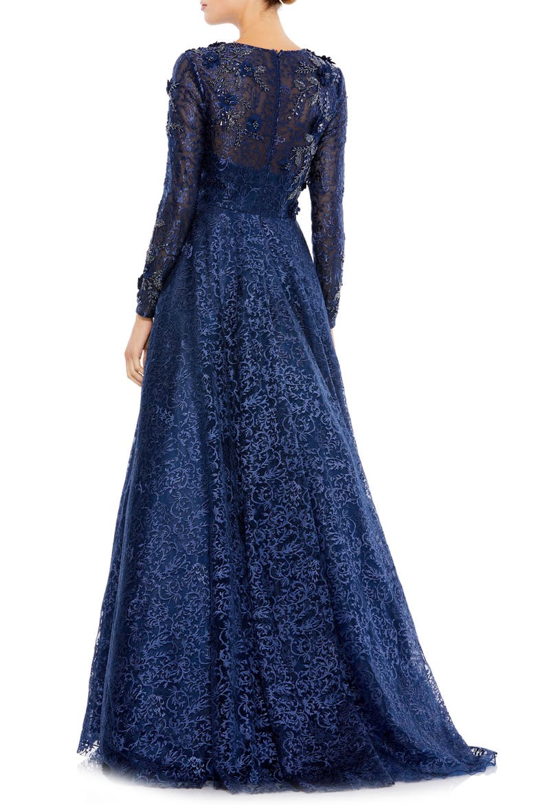 Floral Embroidered & Beaded Long Sleeve Mesh Gown, Alternate, color, NAVY