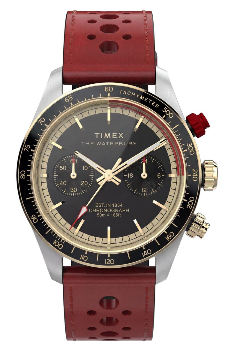 Waterbury Heritage Chronograph Leather Strap Watch, 39mm, Main, color, RED