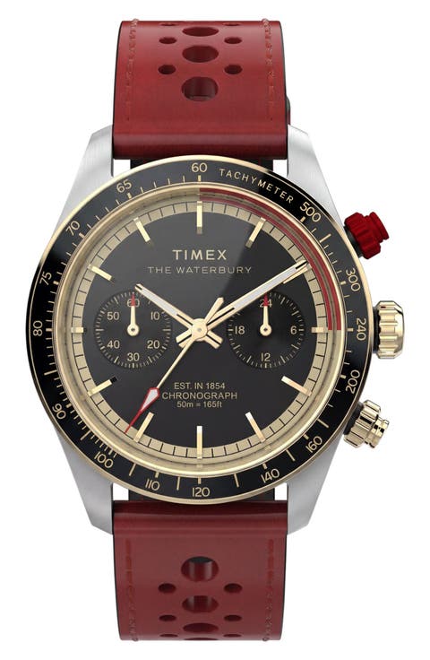 Waterbury Heritage Chronograph Leather Strap Watch, 39mm