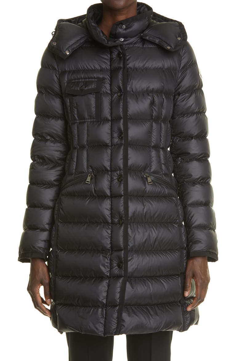 Hermine Grosgrain Trim Quilted Down Puffer Coat, Main, color, BLACK/ BLACK