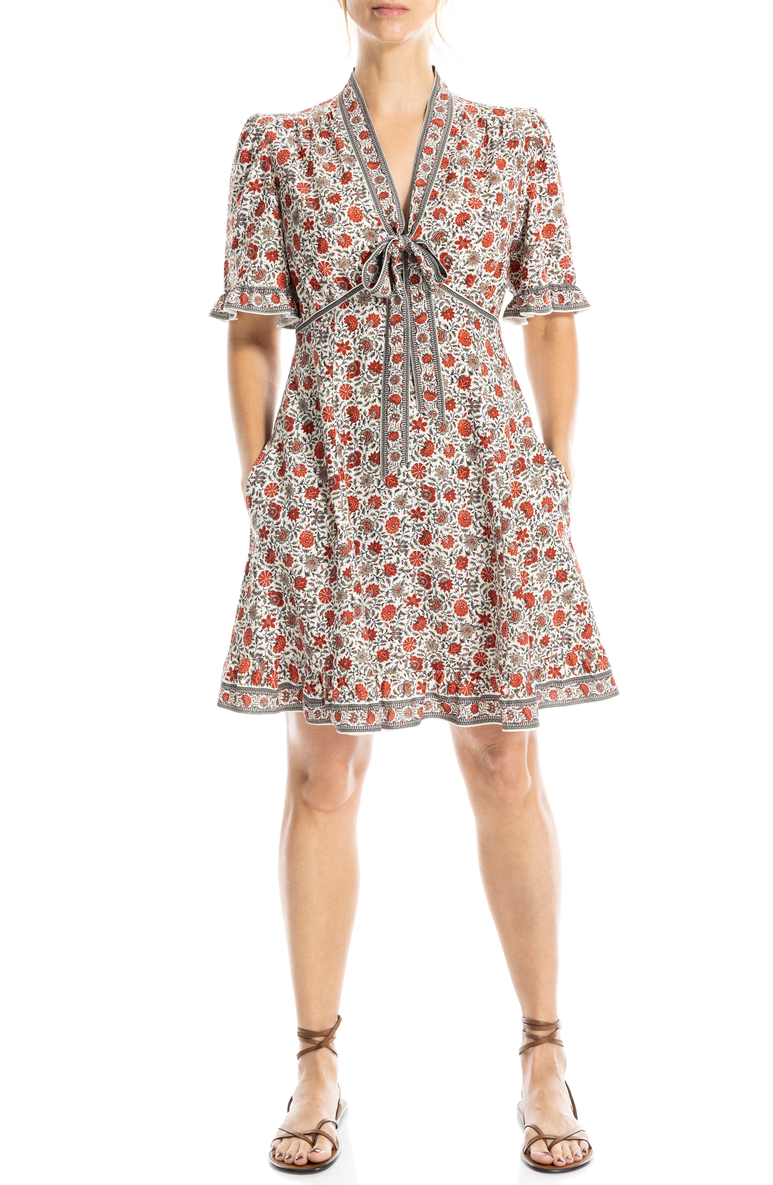 Bow Neck Short Sleeve Fit & Flare Dress