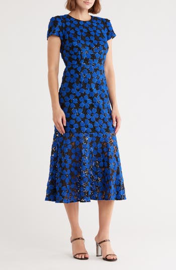 Milly Tahlia Floral Embroidered Lace Cap Sleeve Midi Dress In Multi