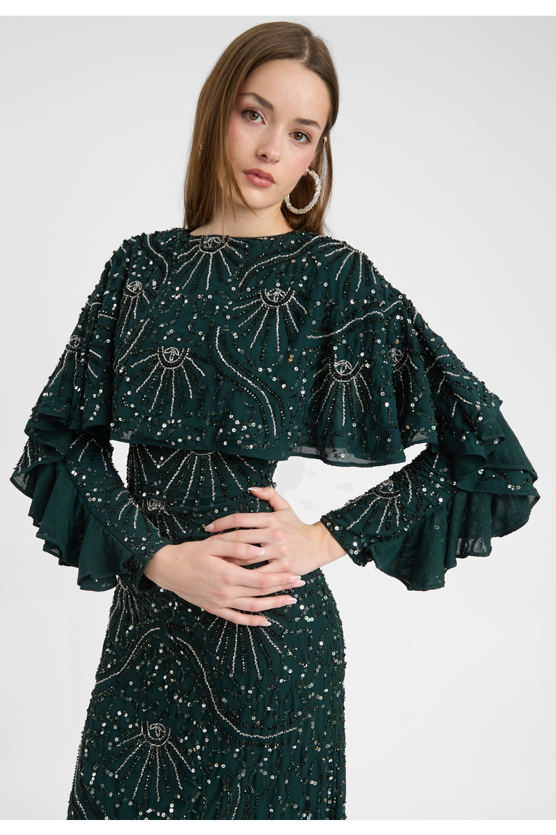 Modest Embellished Sequin Beaded Dress Maxi With Cape Style Top, Alternate, color, EMERALD GREEN