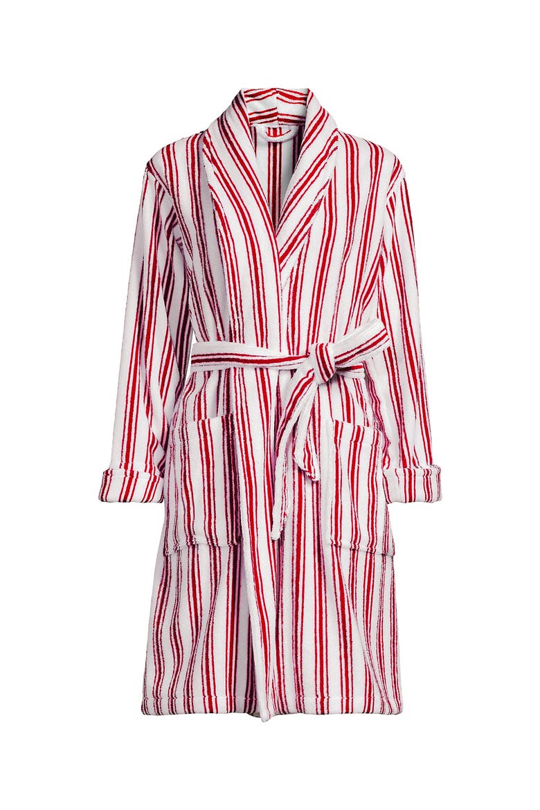 Plus Size Soft Terry Long Sleeve Knee Length Robe, Alternate, color, White/Compass Red Stripe
