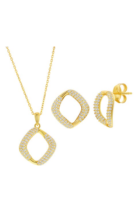 Pavé Cubic Zirconia Cushion Stud Earrings & Pendant Necklace Set